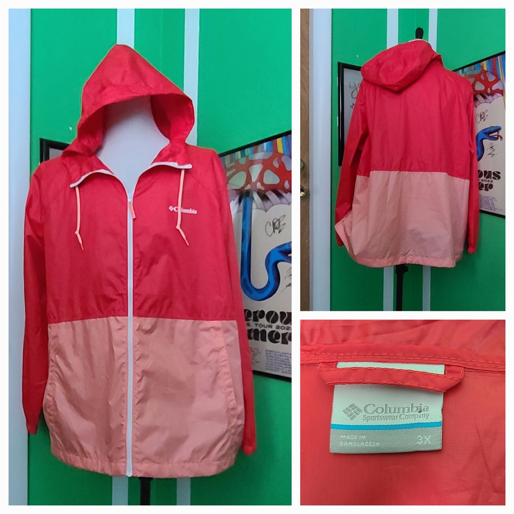 Columbia Coral Pink Red Colorblock Hooded Windbreaker Jacket Womens 3X Full Zip